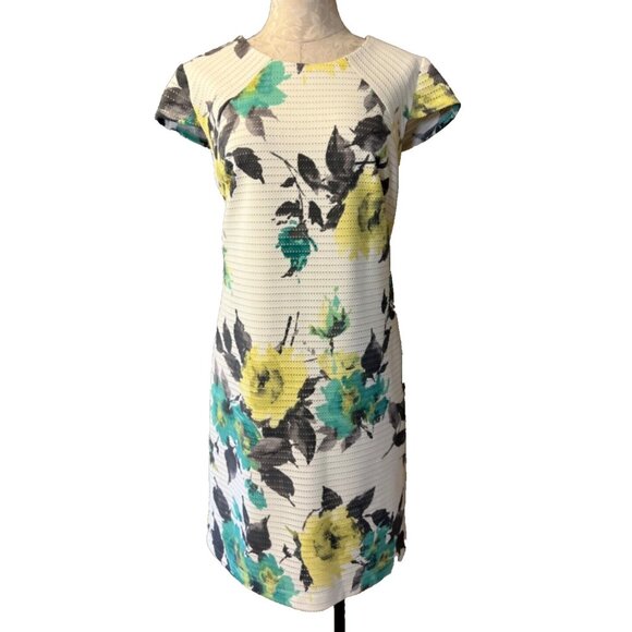 Madison Leigh Dress 14 Stretch Ivory Green Yellow Floral Summer Washable NEW - Picture 2 of 8